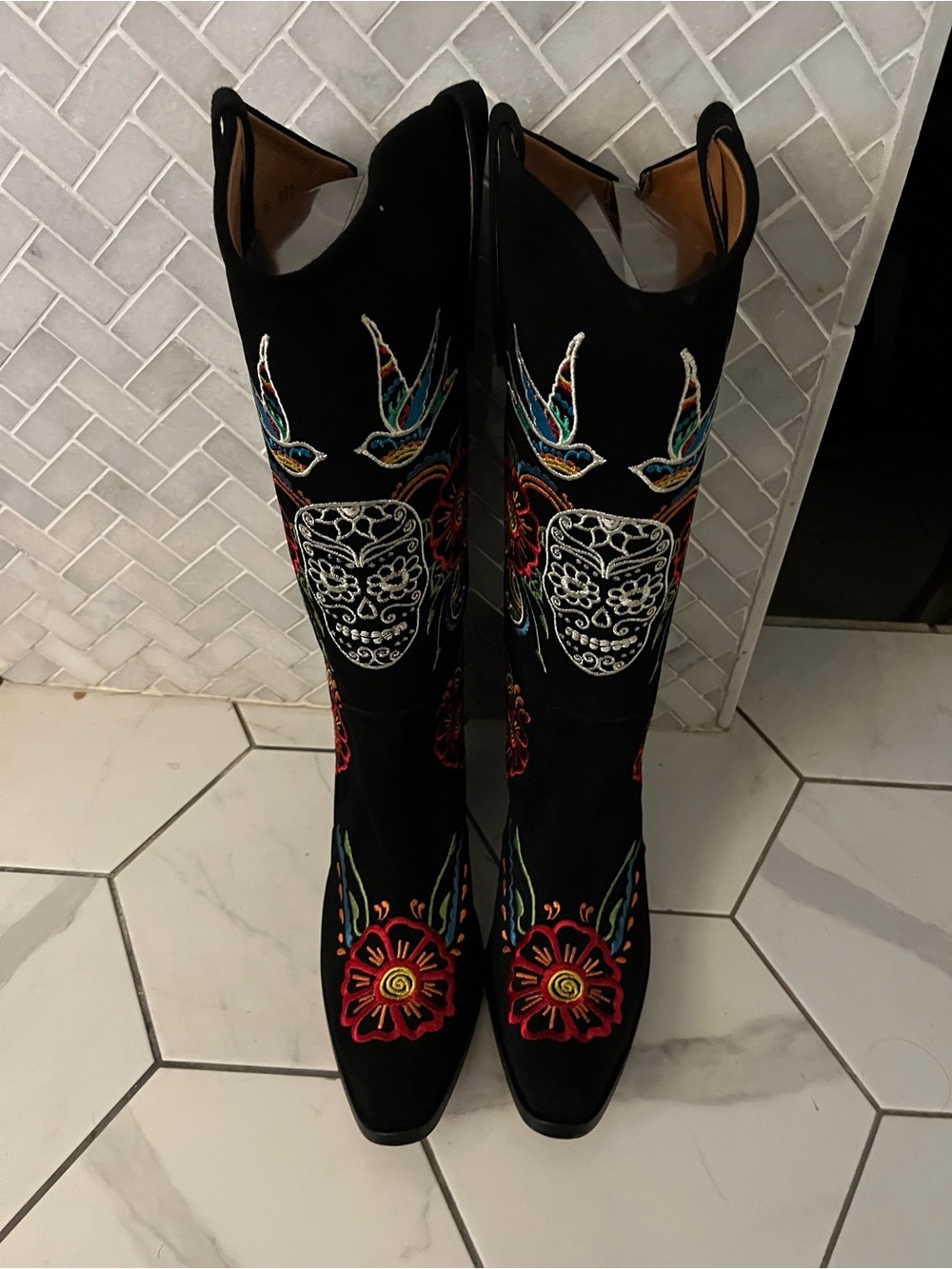 Black Embroidered Floral & Sugar Skull Knee-High Heeled Boots